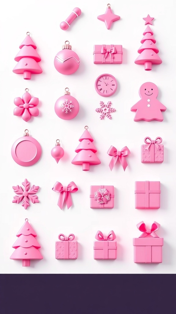 3D pink Christmas icons including a tree, ornaments, and snowflakes on a white background.